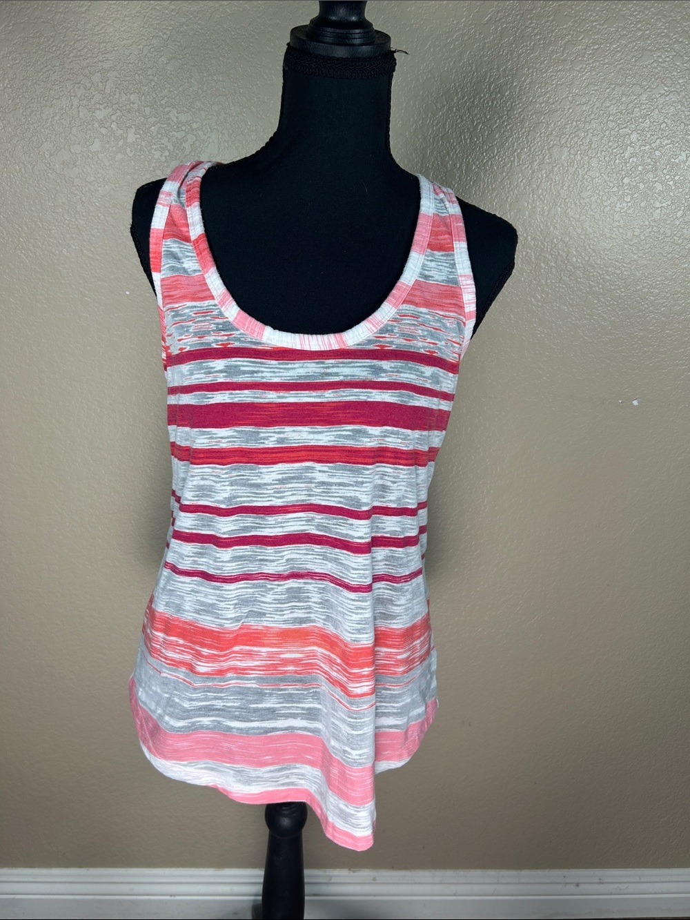 Express Striped Lace Back Tank Top Medium Pink Gray White Sleeveless